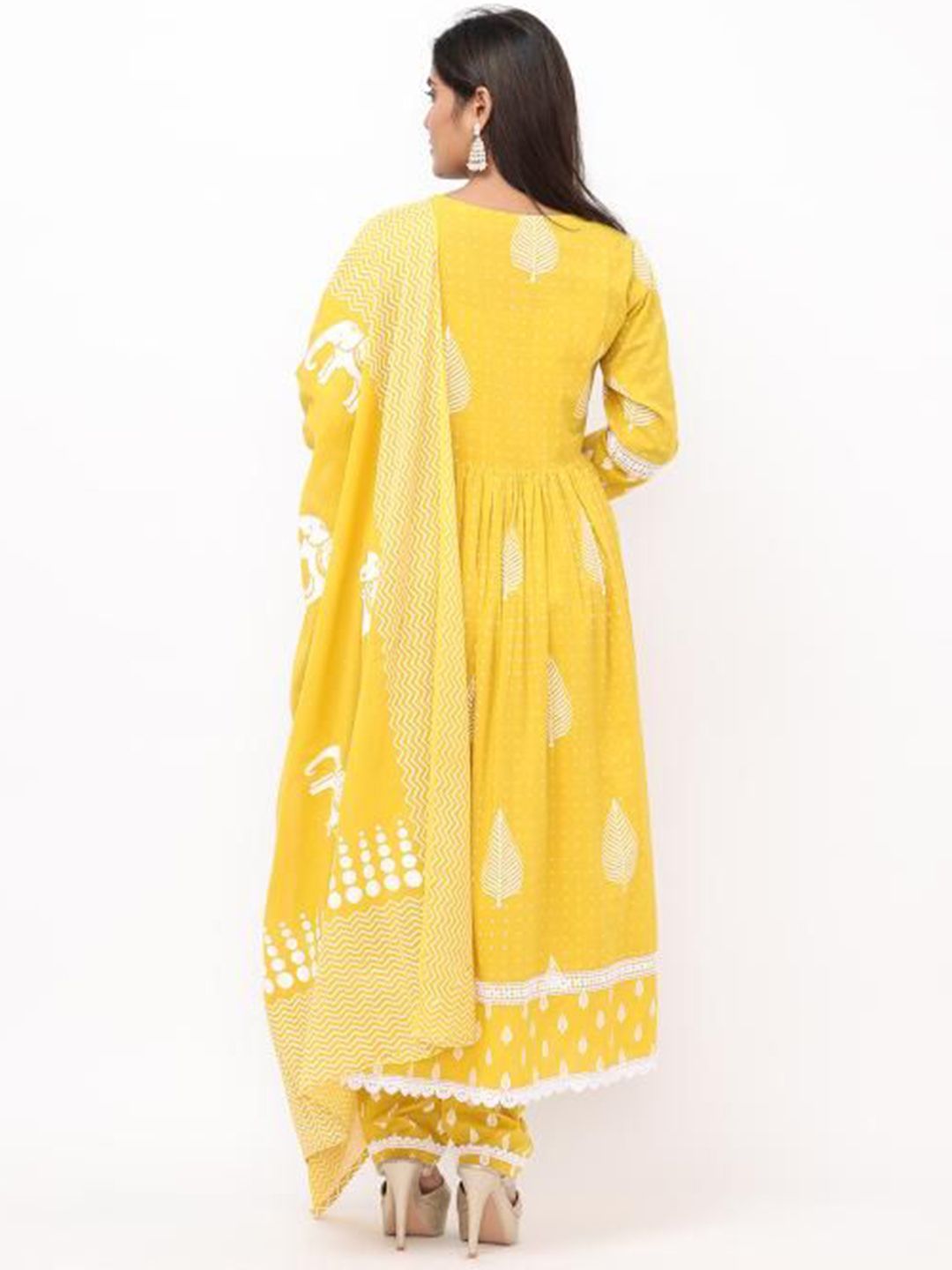 Dhiyona IS Women's Ethnic Motifs Printed Angrakha Thread Work Pure Cotton Kurta with Trousers & Dupatta