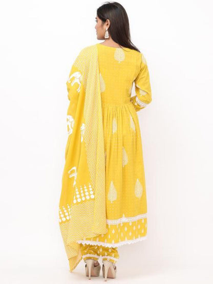Dhiyona IS Women's Ethnic Motifs Printed Angrakha Thread Work Pure Cotton Kurta with Trousers & Dupatta