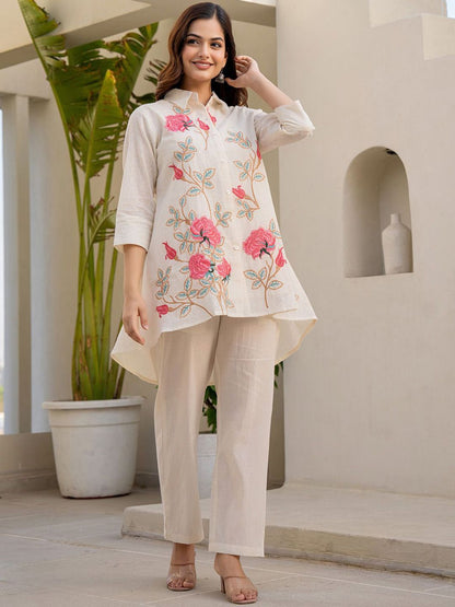 Dhiyona IE Floral Embroidered Thread Work Pure Cotton A-Line Kurta With Trousers