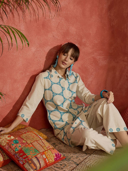 Dhiyona IE Floral Screen Printed Shirt Collar Straight Kurta With Trousers