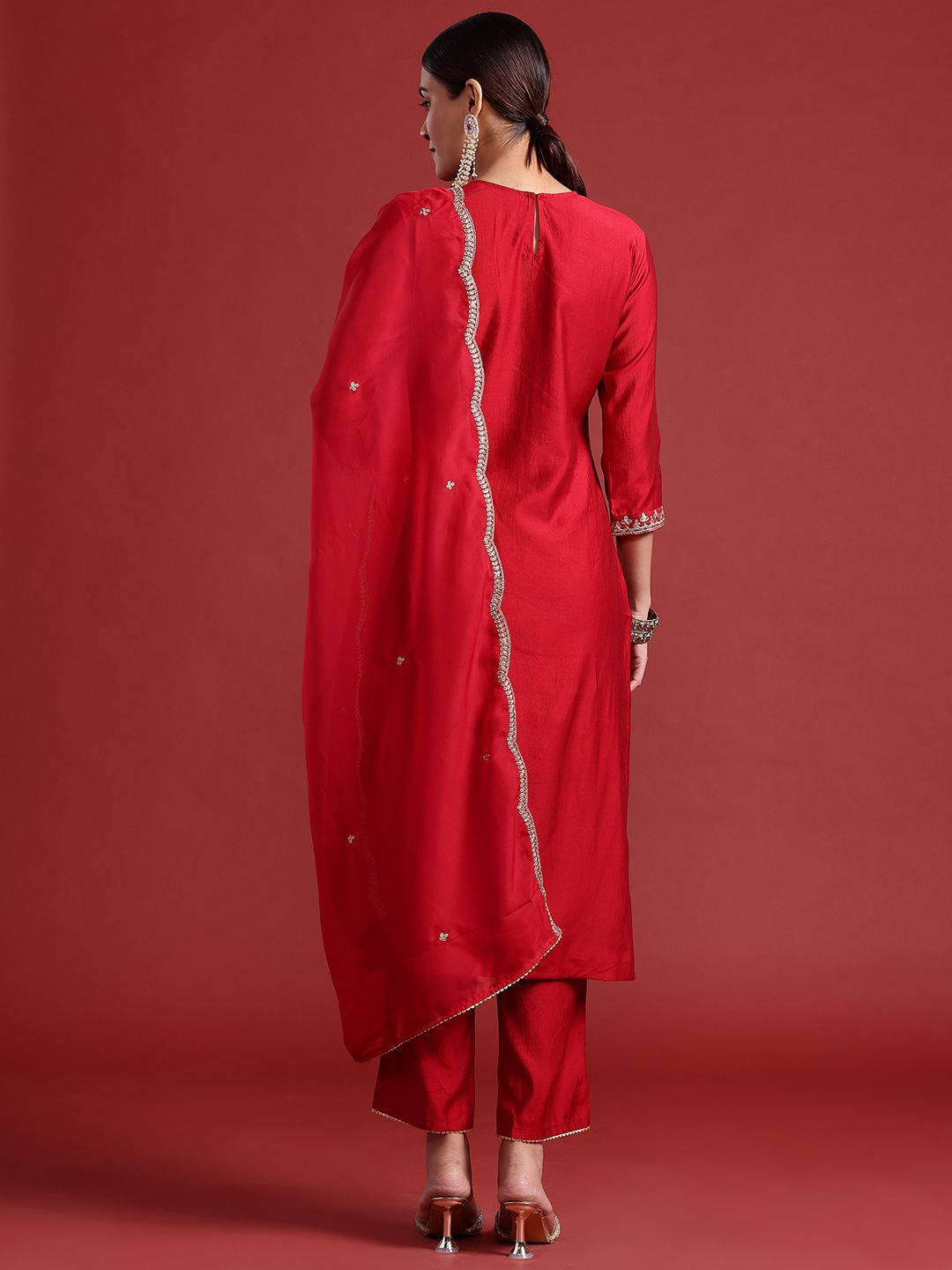 Ethnic Motifs Yoke Design Zari Panelled Liva Kurta With Trousers & Dupatta