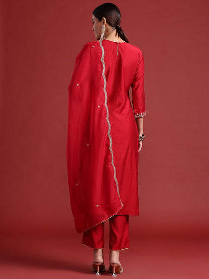 Ethnic Motifs Yoke Design Zari Panelled Liva Kurta With Trousers & Dupatta