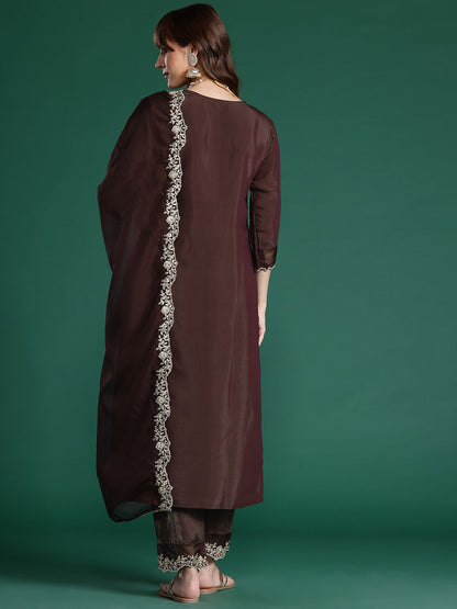 Dhiyona IE Floral Embroidered Liva Kurta with Trousers & With Dupatta