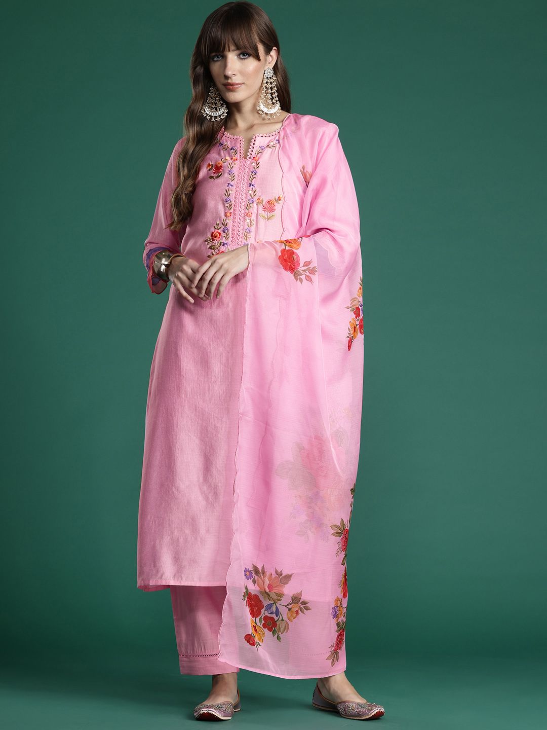 Floral Embroidered Thread Work Kurta with Trousers & With Dupatta