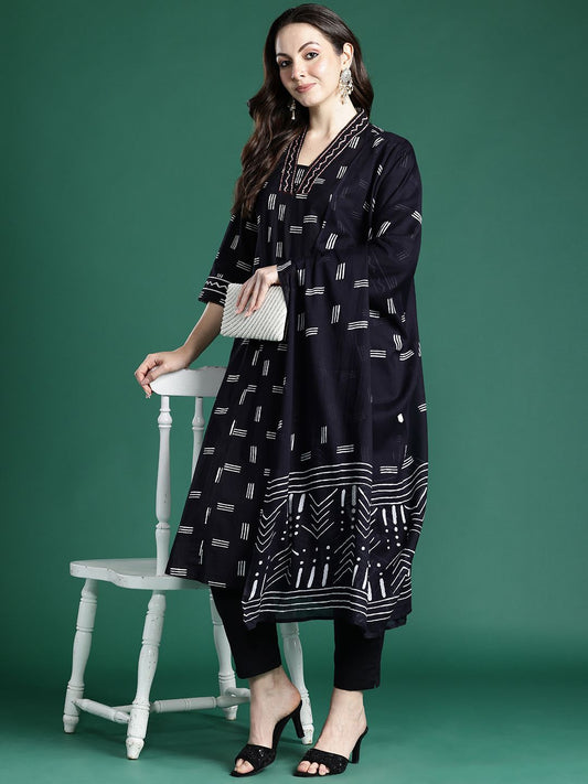 Dhiyona IE Geometric Printed Panelled Pure Cotton Kurta with Trousers & Dupatta