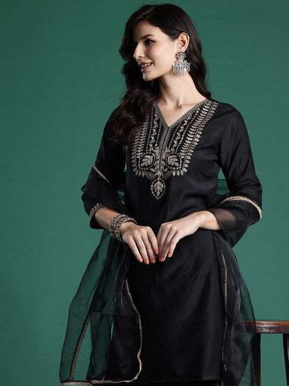 Dhiyona IE Ethnic Motifs Zari Embroidered Liva Kurta With Sharara & Dupatta