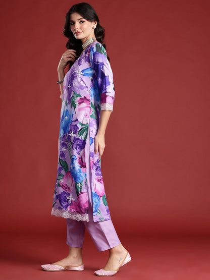 Floral Printed Thread Work Kurta with Trousers & Dupatta