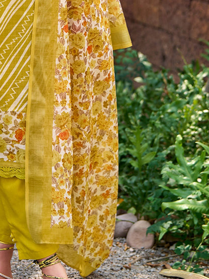 Dhiyona IE Mustard Leheriya Printed Thread Work Pure Cotton Kurta with Trousers & Dupatta