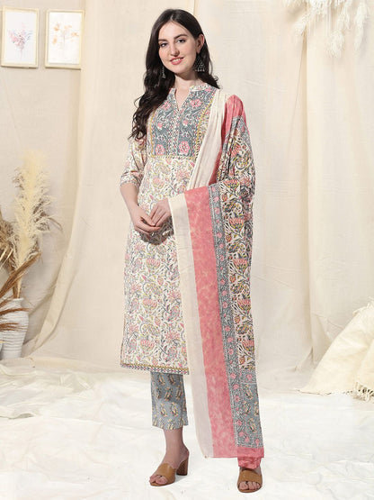 Dhiyona KL Women Plus Size Cream Ethnic Pure Cotton Kurta with Trousers & Dupatta