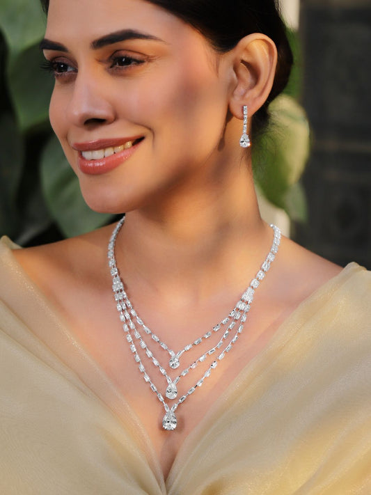 Dhiyona RJ Women's Rhodium Plated Crystal-Studded Layered Jewellery Set