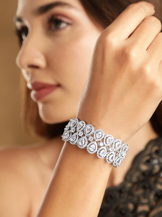 Dhiyona RJ Women's Rhodium-Plated Crystal AD & AAA Cubic Zirconia Studded Statement Bracelet