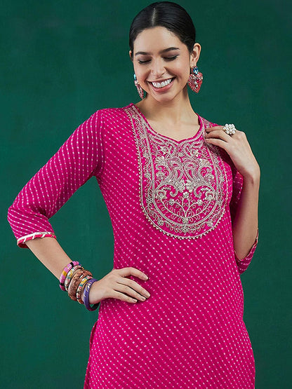 Dhiyona IE Leheriya Printed Thread Work Straight Kurta