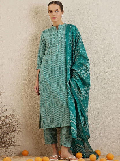 Dhiyona IE Chevron Printed Mandarin Collar Pure Cotton Kurta with Trousers & With Dupatta