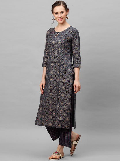 Women Navy Blue Printed Regular Straight Keyhole Neck Pure Cotton Kurta Set