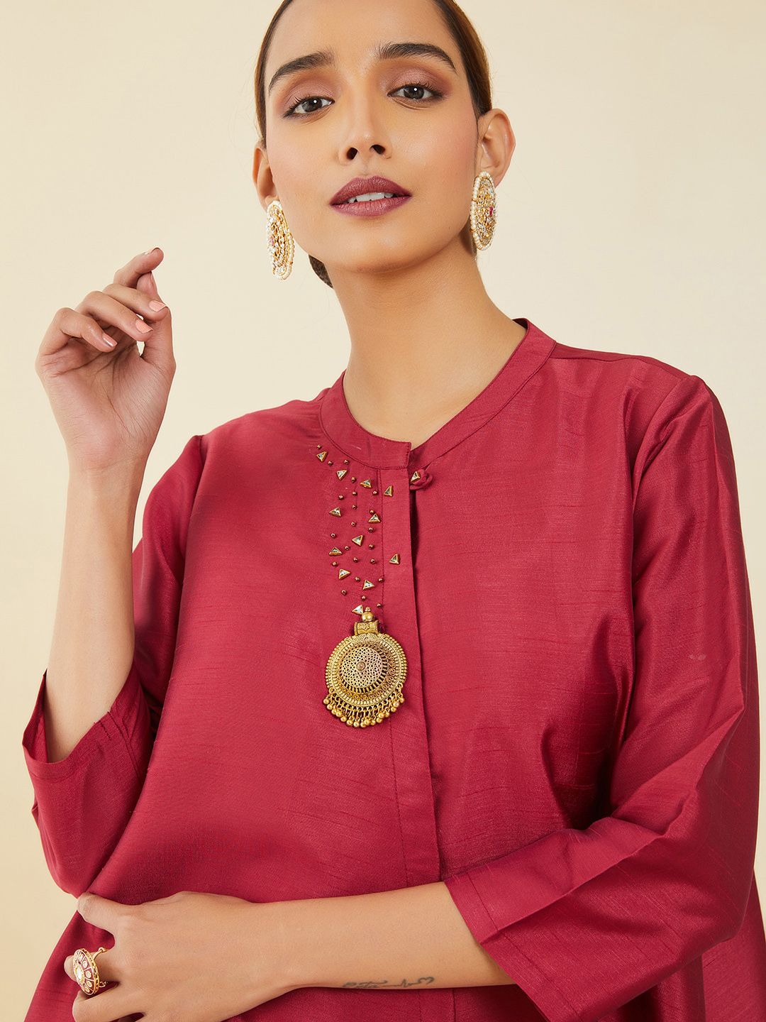Dhiyona SO Women's Women Maroon Embellished A-Line Kurta with Trousers