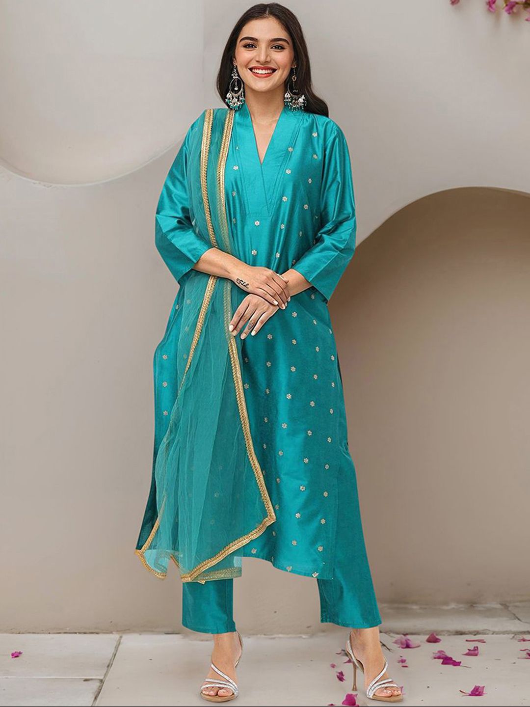 Dhiyona IS Women's Floral Embroidered Sequinned Straight Kurta With Trousers & Dupatta