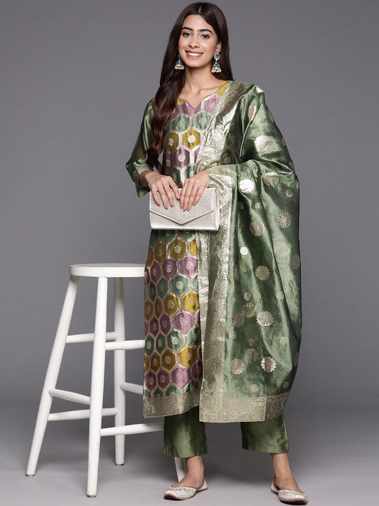 Dhiyona VA Women'sChanderi Silk Kurta with Trousers & Dupatta