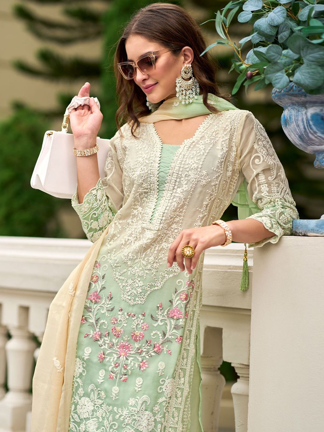Floral Embroidered Sequinned Straight Organza Kurta With Trousers And Dupatta