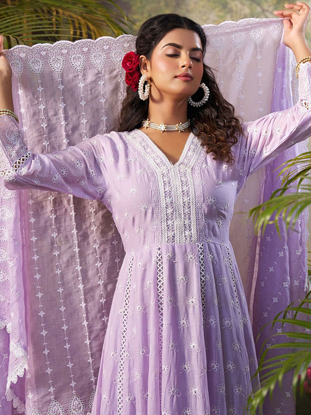 Floral Embroidered Pure Cotton Anarkali Kurta With Trousers & Dupatta