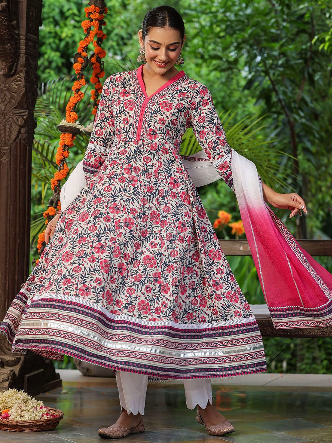 Dhiyona RR Women's Floral Printed Gotta Patti Pure Cotton Kurta With Trousers & Dupatta
