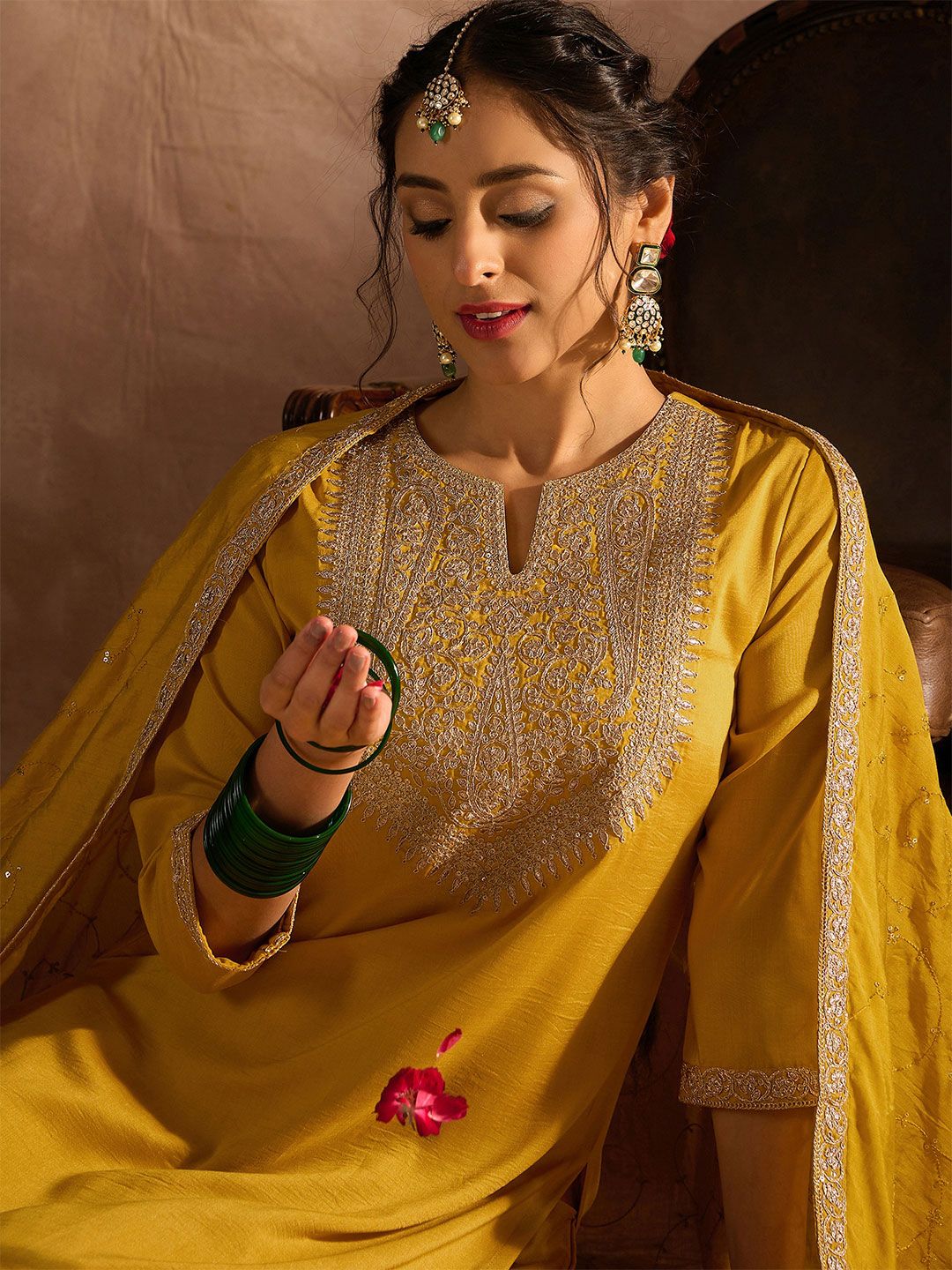 Dhiyona IE Yellow Paisley Embroidered Regular Straight Kurta With Trousers & Dupatta