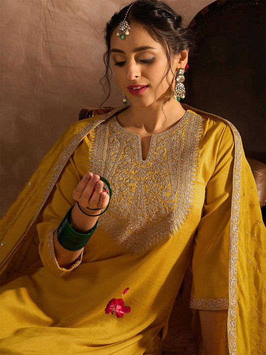 Dhiyona IE Yellow Paisley Embroidered Regular Straight Kurta With Trousers & Dupatta