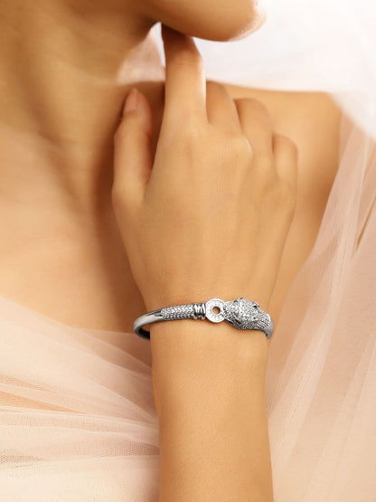 Dhiyona RJ Women's Rhodium Plated Demi Fine Openable Panther Head Cubic Zirconia Studded Bracelet