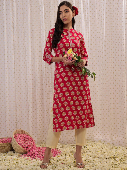 Dhiyona IE Floral Printed Mandarin Collar Three-Quarter Sleeves Kurta
