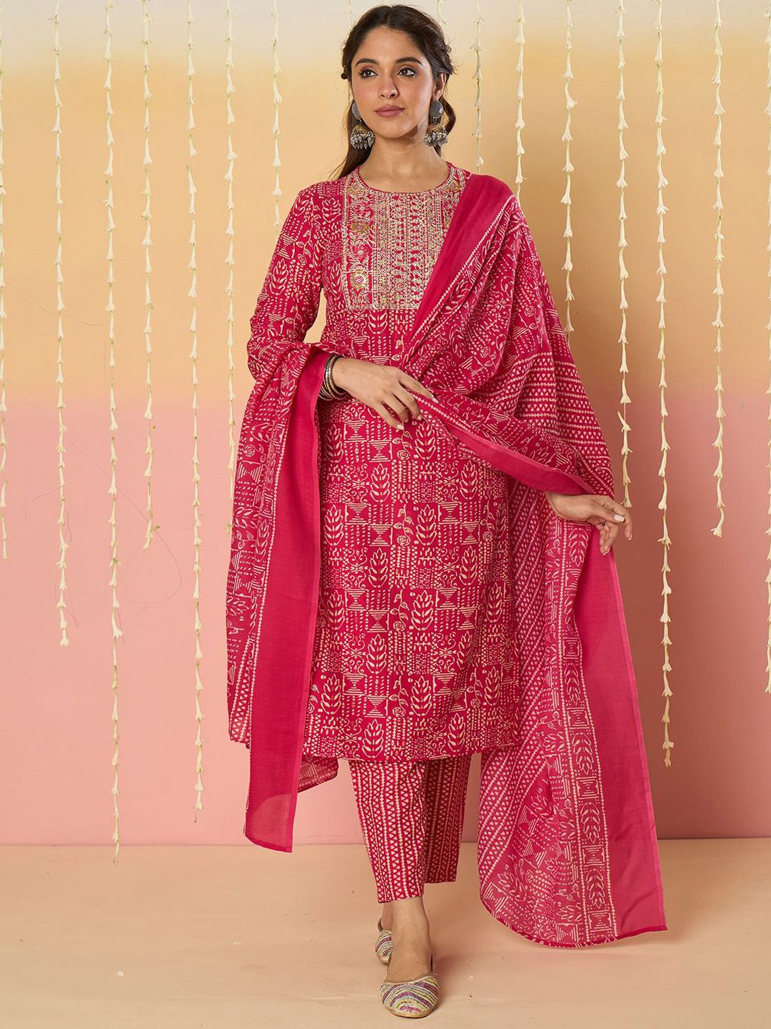 Women Ethnic Motifs Printed Regular Pure Cotton Kurta with Trousers & With Dupatta