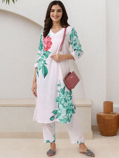 Dhiyona IS Women's Women Floral Printed V Neck Kurta With Trousers