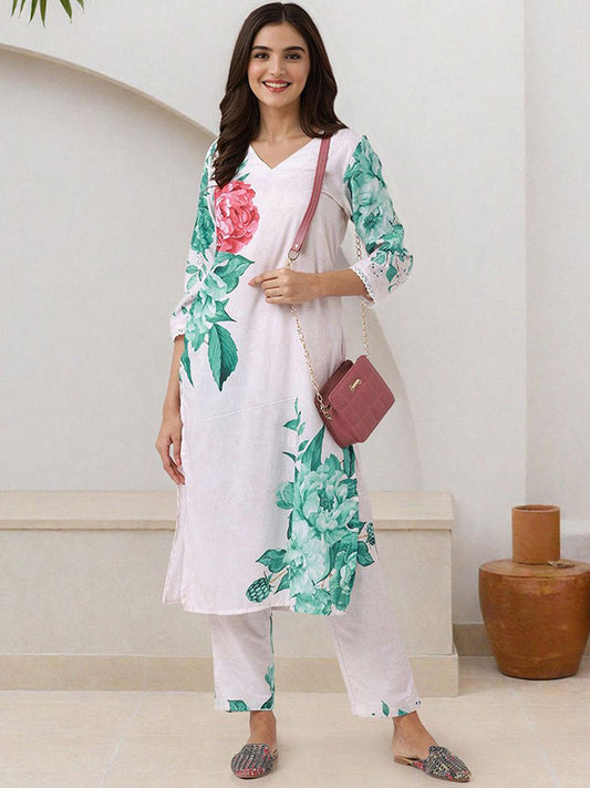 Dhiyona IS Women's Women Floral Printed V Neck Kurta With Trousers