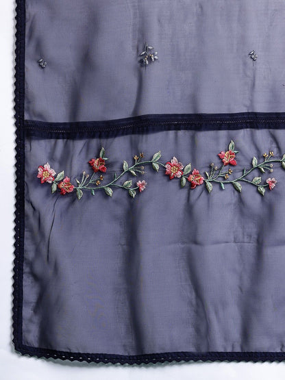 Dhiyona IE Plus Size Floral Embroidered Panelled Thread Work Kurta With Trousers & Dupatta