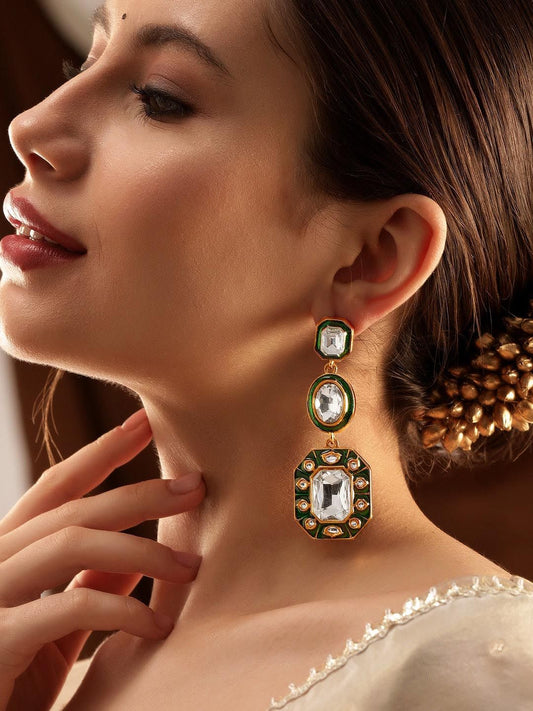 Dhiyona RJ Women's 22KT Gold-Plated Geometric Kundan Studded Drop Earrings