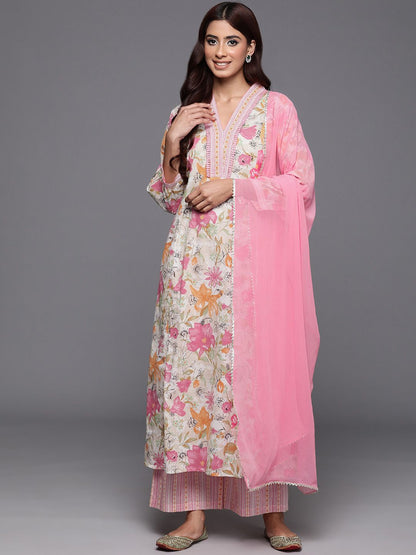 Dhiyona VA Women'sFloral Printed Pure Cotton Anarkali Kurta with Palazzos & Dupatta