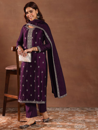 Dhiyona LB Women's Ethnic Motifs Embroidered Sequinned Straight Kurta with Trousers & Dupatta