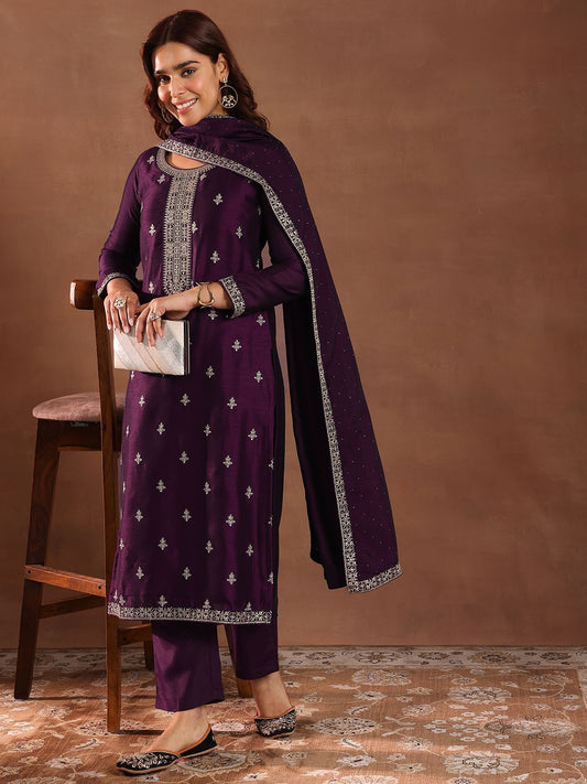 Dhiyona LB Women's Ethnic Motifs Embroidered Sequinned Straight Kurta with Trousers & Dupatta