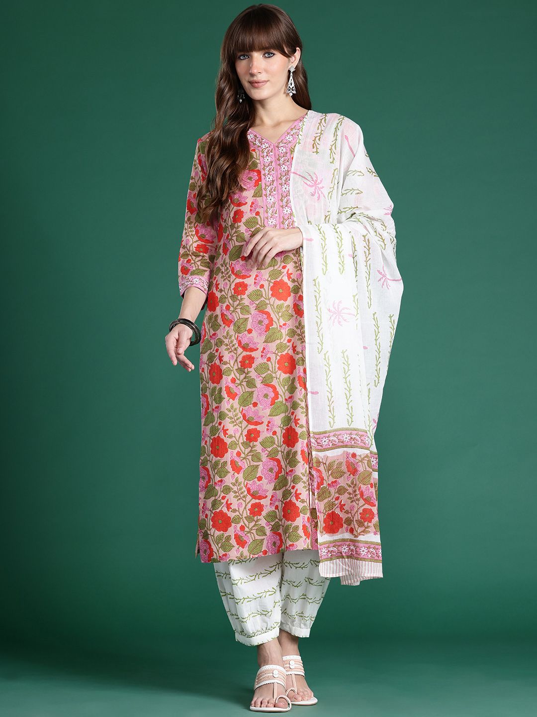 Floral Printed Pure Cotton Kurta with Salwar & With Dupatta