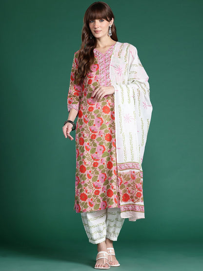 Floral Printed Pure Cotton Kurta with Salwar & With Dupatta