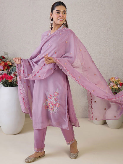 Floral Embroidered V Neck Organza Kurta With Trousers & Dupatta