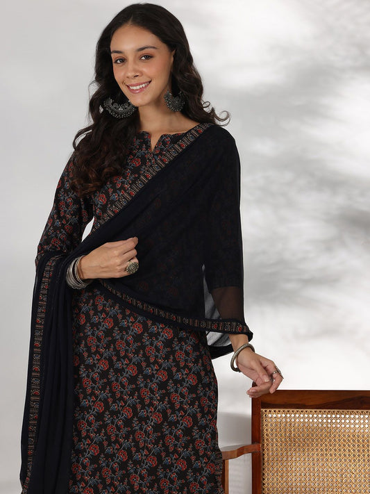 Dhiyona LB Women's Floral Printed Notch Neck Pure Cotton Straight Kurta with Palazzo & Dupatta