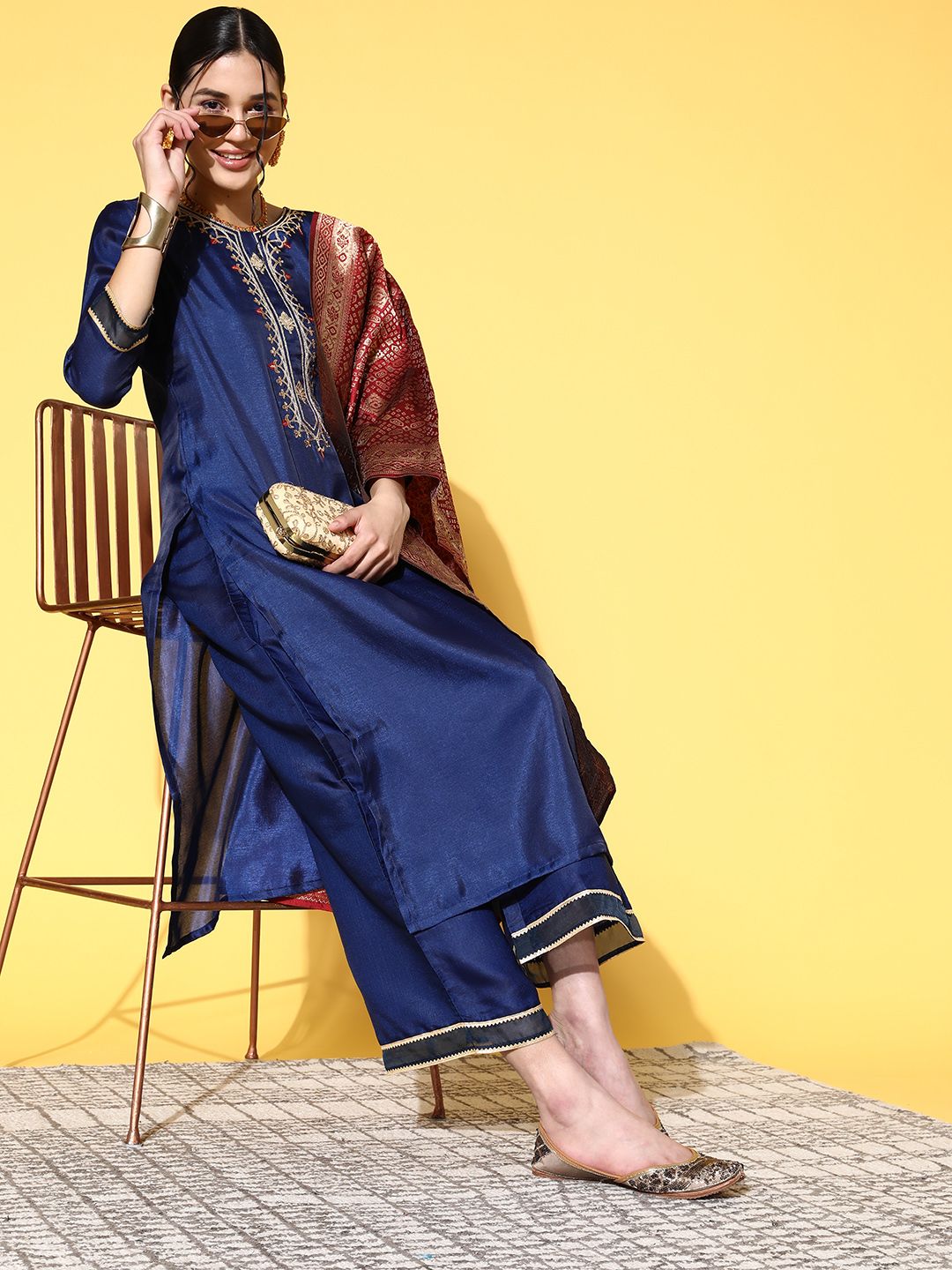 Dhiyona IE Women Navy Blue Ethnic Motifs Woven Design Sequined Kurta with Trousers & Dupatta