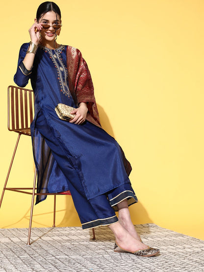 Dhiyona IE Women Navy Blue Ethnic Motifs Woven Design Sequined Kurta with Trousers & Dupatta