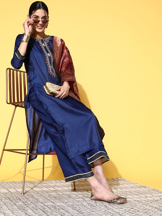 Dhiyona IE Women Navy Blue Ethnic Motifs Woven Design Sequined Kurta with Trousers & Dupatta