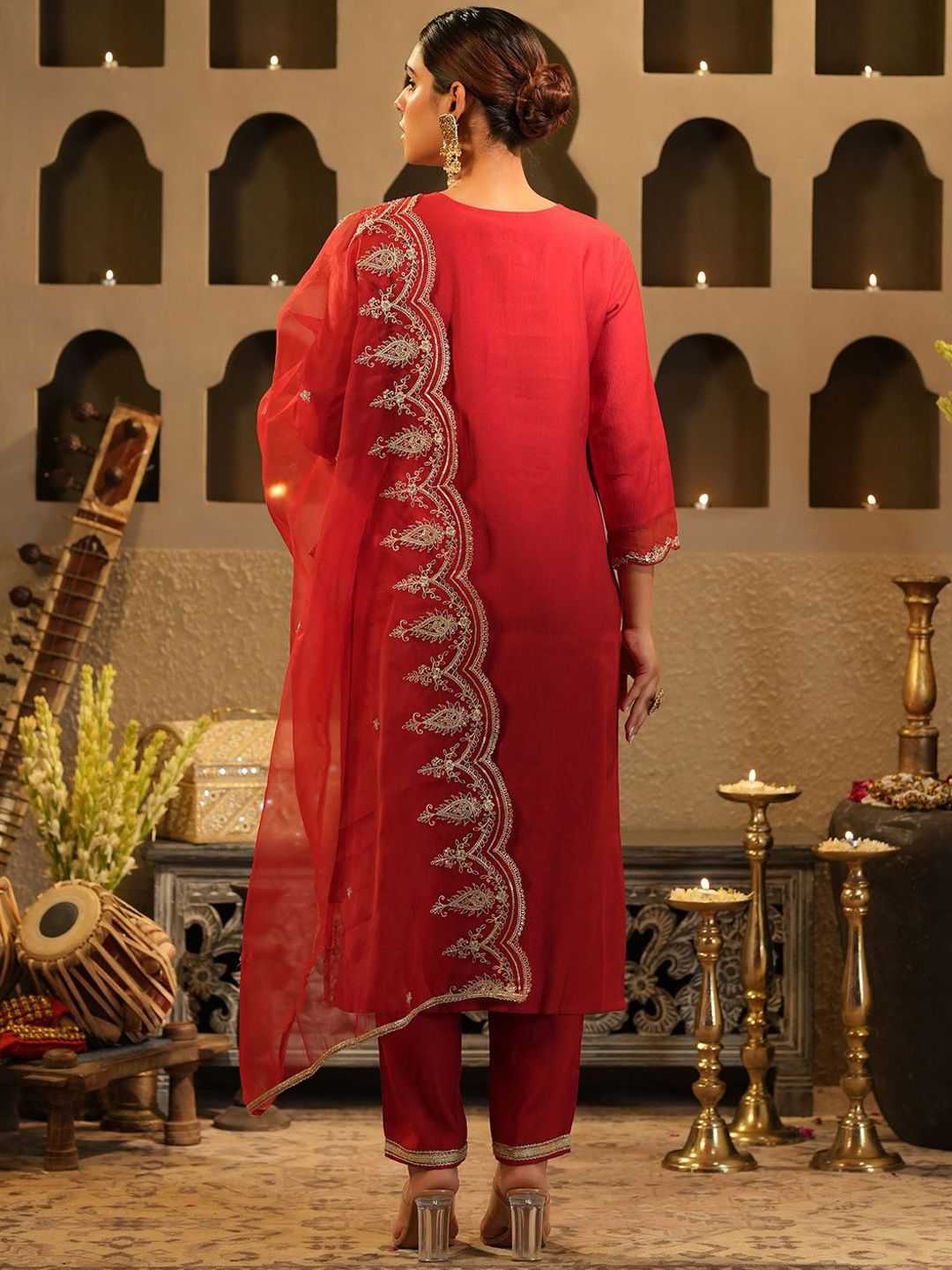 Dhiyona IE Women's Women Ethnic Motifs Embroidered Regular Liva Kurta with Trousers & With Dupatta