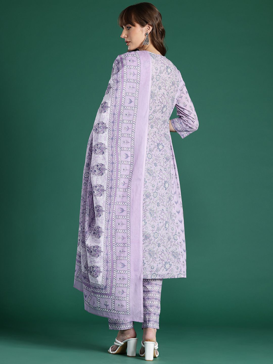 Floral Printed Pleated Pure Cotton Kurta With Trousers & Dupatta