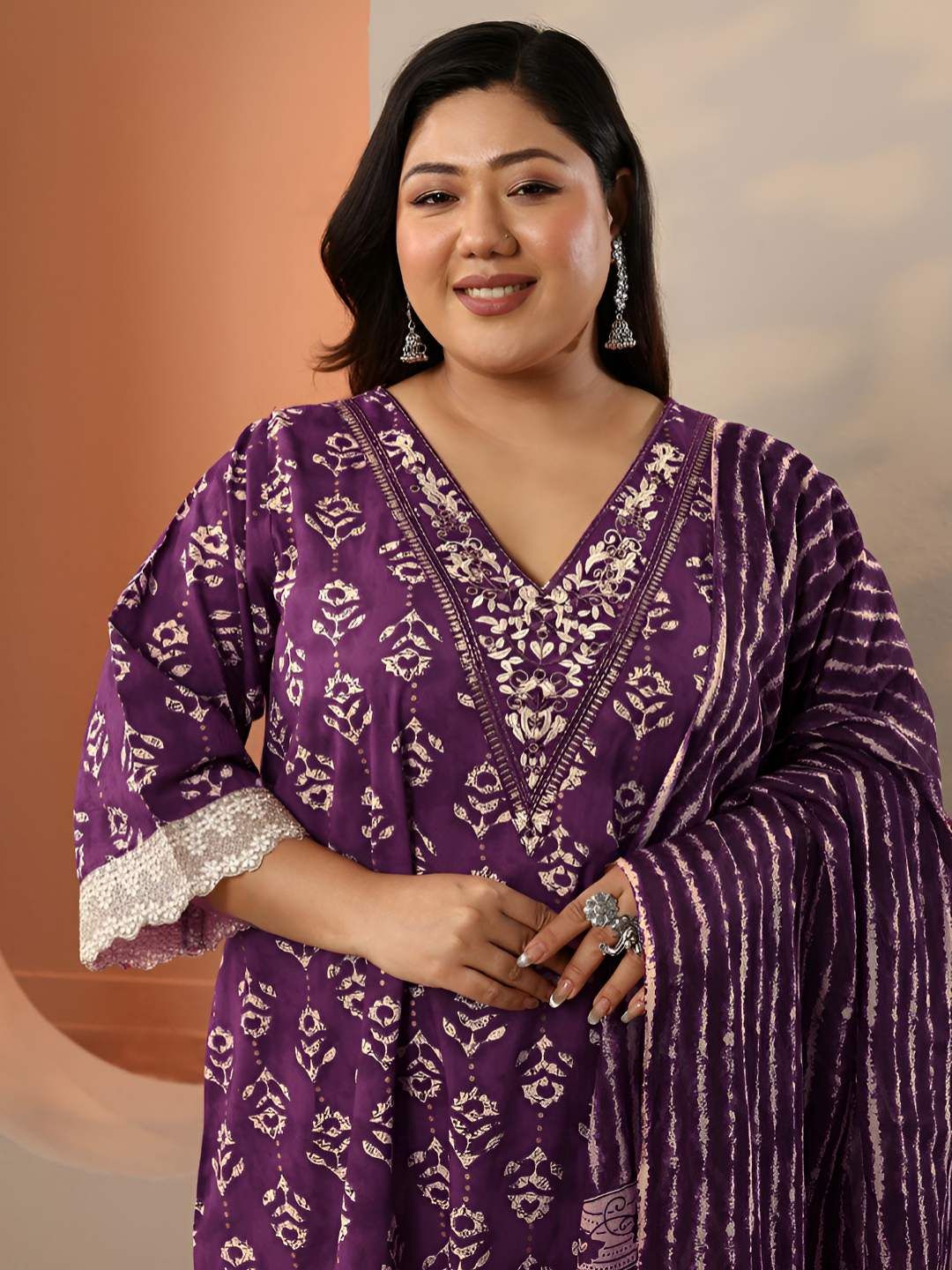 Dhiyona Women's Plus Size Ethnic Motifs Printed Kurta with Trousers & Dupatta