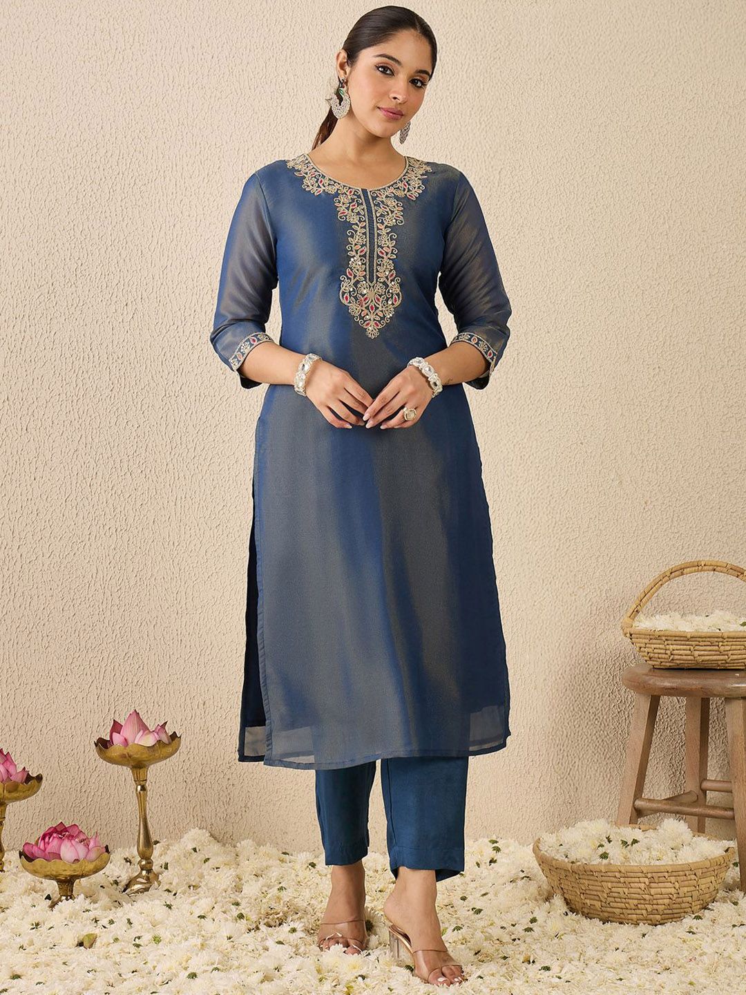 Dhiyona IE Women's Ethnic Motifs Embroidered Thread Work Liva Straight Kurta With Trousers & Dupatta