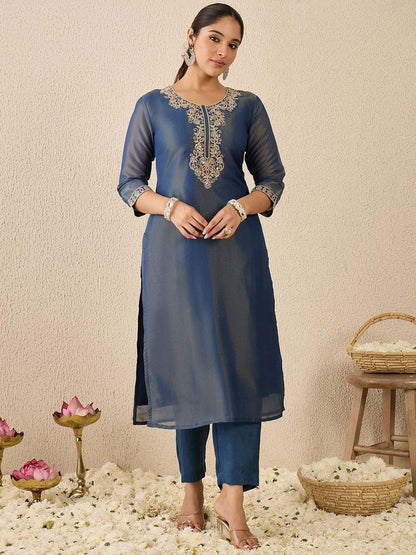 Dhiyona IE Women's Ethnic Motifs Embroidered Thread Work Liva Straight Kurta With Trousers & Dupatta