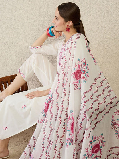 Ethnic Motifs Embroidered Thread Work Pure Cotton Kurta With Trouser & Dupatta