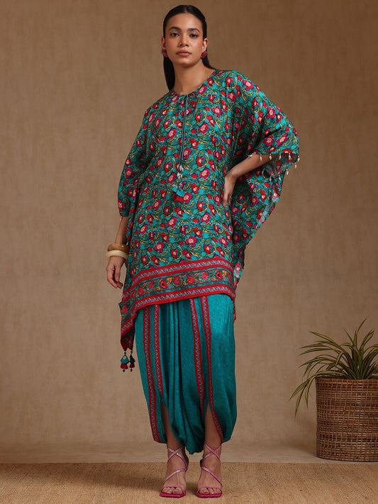Dhiyona SO Women's Women Floral Printed Regular Thread Work Kurta with Dhoti Pants